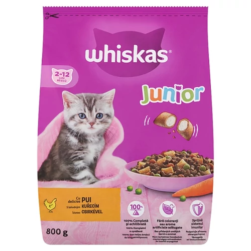 WHISKAS JUNIOR TELJES ÉRTÉKŰ SZÁRAZELEDEL KÖLYÖKMACSKÁKNAK CSIRKÉVEL 800 G