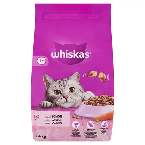 WHISKAS 1+ TELJES ÉRTÉKŰ SZÁRAZELEDEL FELNŐTT MACSKÁK SZÁMÁRA LAZACCAL 1,4 KG