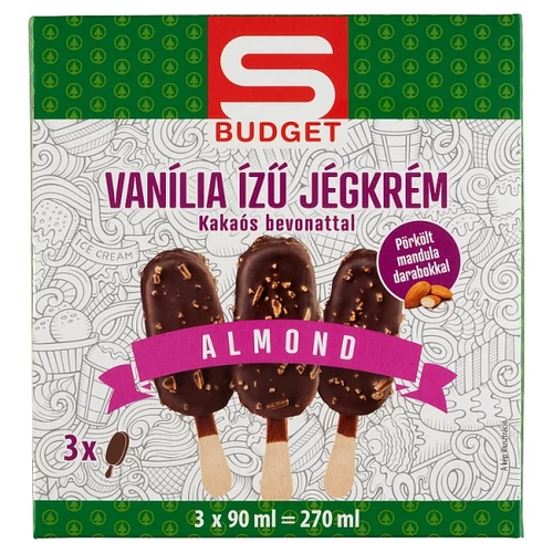 S-BUDGET VANÍLIA ÍZŰ JÉGKRÉM KAKAÓS BEVONATTAL ÉS PÖRKÖLT MANDULA DARABOKKAL 3 X 90 ML (270 ML)